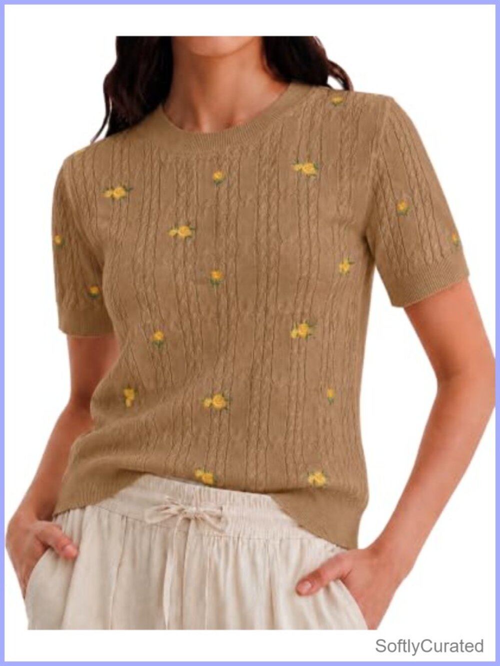 Wool Blend Short Sleeve Floral Cable Knit Sweater Pullover Crew Neck